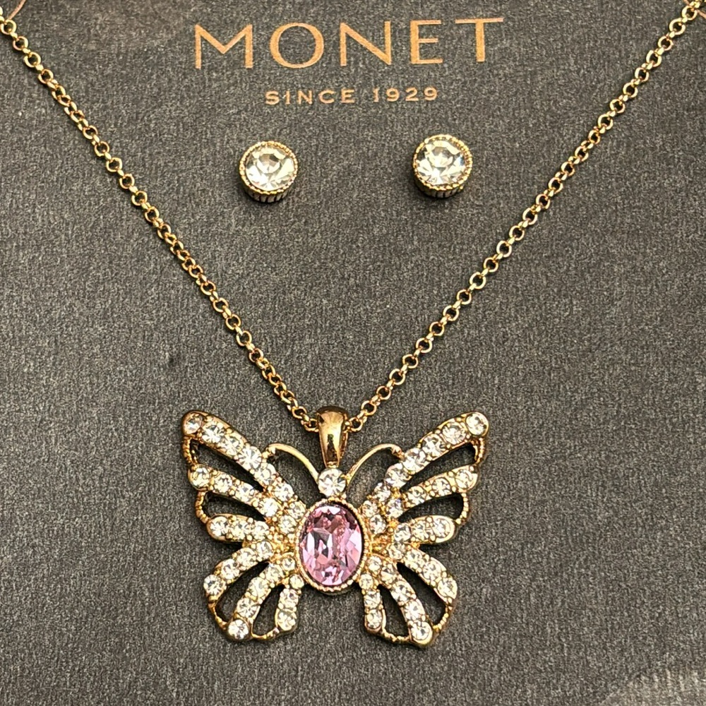 MONET Swarovski Crystal Butterfly & Earrings Set, Gold Tone, NEW in BOX